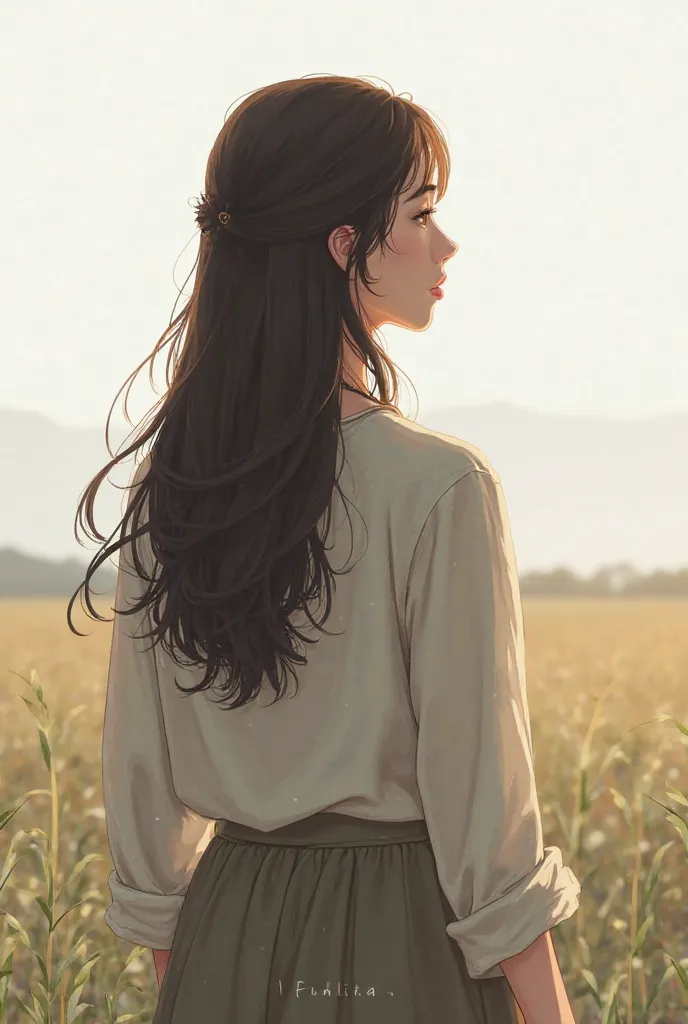 Woman looking at the horizon, in her back, dark Brown hair, 