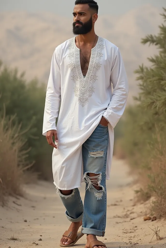 JESUS MODERN SHORT BEARD WITH WHITE MOROCCAN SHIRT WITH LONG SLEEVES OUTSIDE THE PANTS, FRAYED AND RIPPED BLUE JEANS AND BROWN SANDALS, MAKE IT VERY NEAT,  of foot