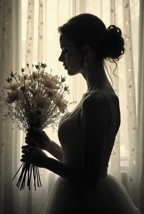 Generate the silhouette of a woman with flowers in her hand