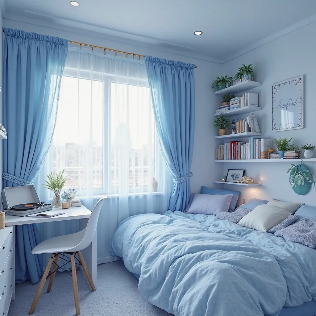 Create a small blue bedroom vibe with cool girly styling, put a corner with books and vinyls plus other things like makeup