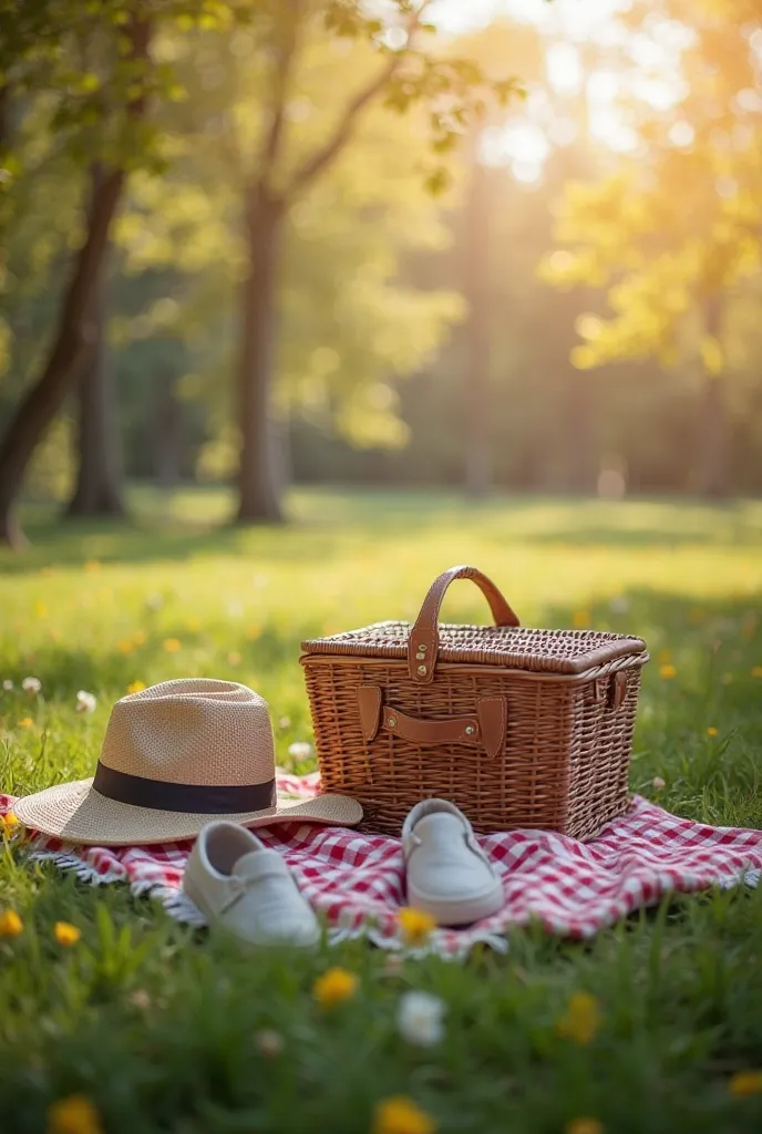 spring picnic set, Mat, lunch box, Shoes that have been taken off, hat