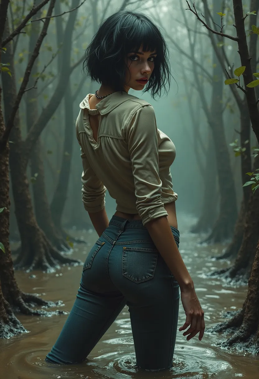 vintage line graphics, stuck in a muddy swamp, mature vicious diva, jeans, bob cut, turns around, orgasm, 8K, highly detailed, photorealistic, dramatic lighting, moody atmosphere, dark fantasy, oil painting, gritty texture, intricate details, deep shadows,...