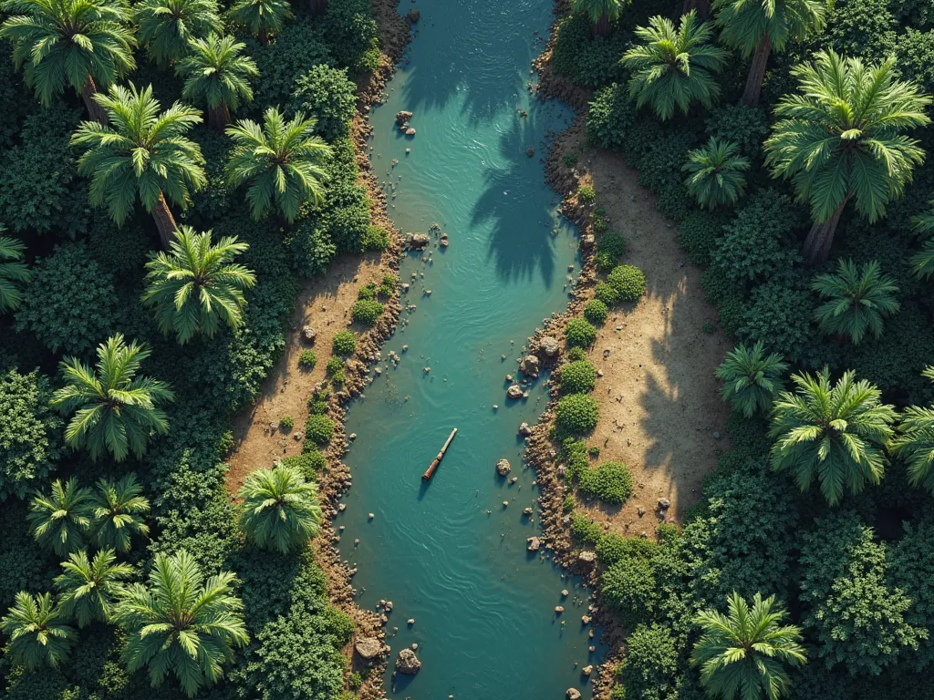 A top-down view of a dense jungle landscape with a mostly straight, 60-foot-wide river flowing through the center. The river has a natural flow with some slight bends and variations in width, featuring subtle ripples and areas of lighter and darker blue to...