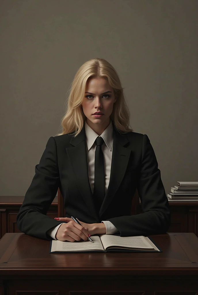 Make me an image of a blond character in a black suit sitting,With a serious face on a desk that is stronger