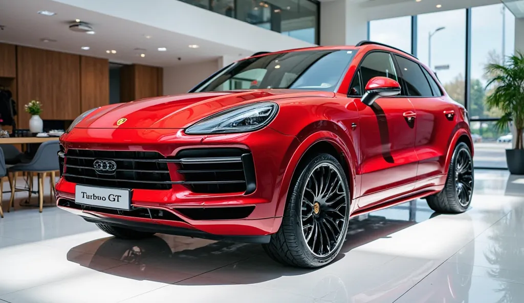 Close left said view of painted  with galemy "Carmine Red" diamond 2025 Porsche Cayenne Turbo GT in large shape sedan in large size with  logo  on "Porsche" its large detailed grille in shiny "Carmine Red" color with angular sporty design captured from clo...