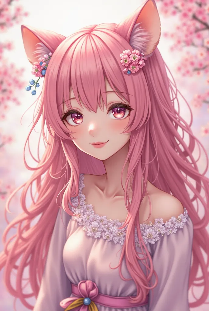 Girl has long pink hair has sakura on her hair has pink cat ears hair has yellow and pink eyes wear japanese pink and white background is japanese sakura 