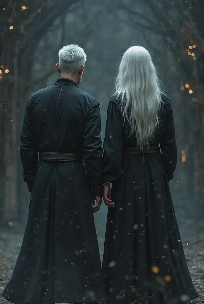 A wizard and a witch from the game Wicther 3 the image was good, but do them with their backs both behind their backs with white hair, do it with a more neutral outfit with a dark background, make the wizard's hair a little shorter and from it also make it...