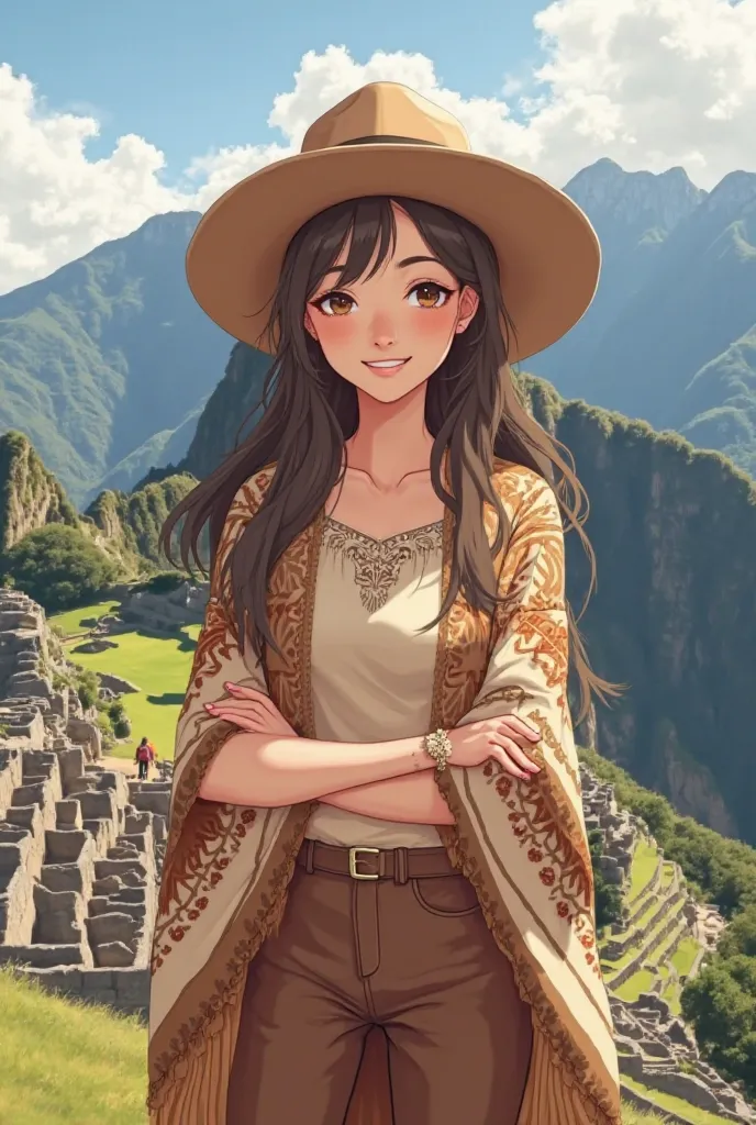 anime-style illustration It shows a young woman with a warm and friendly gesture, posing in front of the majestic landscape of Machu Picchu. Her expression is serene and transmits integrated joy. She has fair skin and long hair,  smooth and light brown , w...