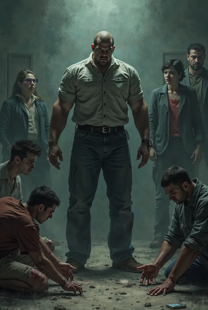 A highschool bully in the center of the image looking down on his beaten victims at his feet while shadowy images of his parents and teachers stare at him angrily from above