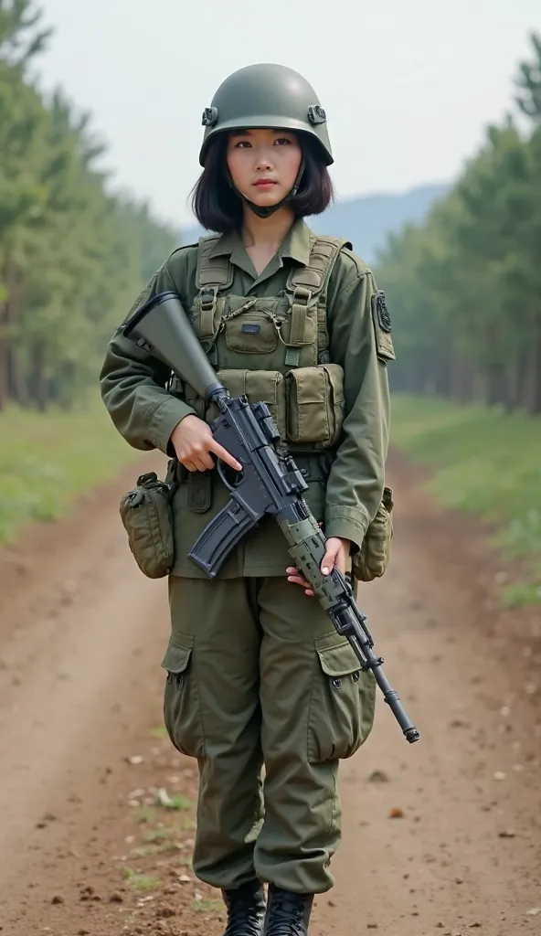 Full body of a Korean woman with short shoulder-length hair,wearing long-sleeved Indonesian army uniform and shoes, wearing a loreng vest and a safety helmet,standing in front of the motor off road,  holding weapon ,Background of the training arena 