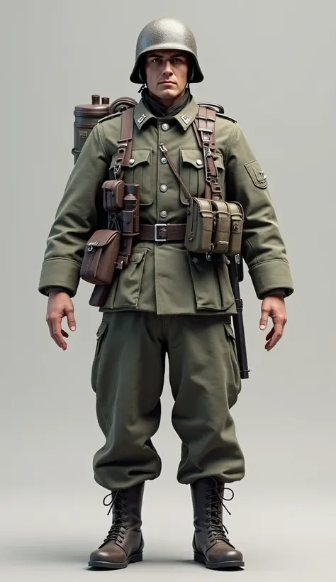 image from front, world war 2 german soldier 3d model very high poly and realistic in t-pose, make the face very detailed, with backbag and metal helmet, make the hand's 5 fingers separated, make the arms up away from the body horizontal to the ground like...