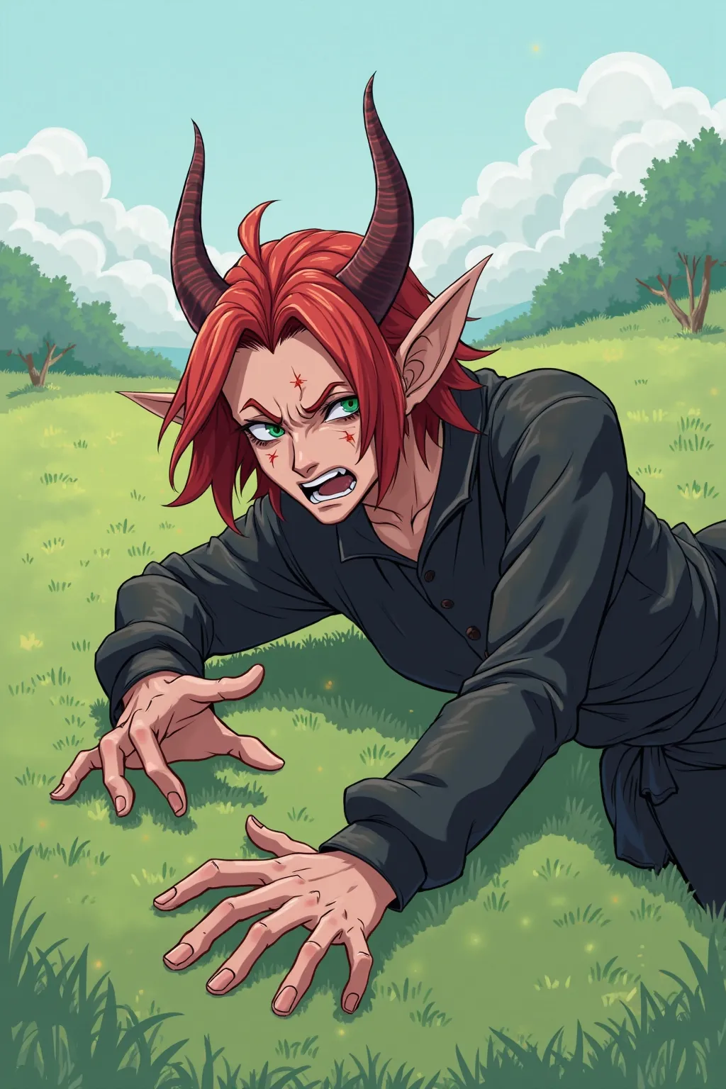 Anime-style illustration of a powerful yet now helpless demonic deity with fiery red hair and curved horns, dressed in dark black clothing. He is lying weakly on the ground, his body exhausted and vulnerable. His face shows a mix of fear and despair as he ...