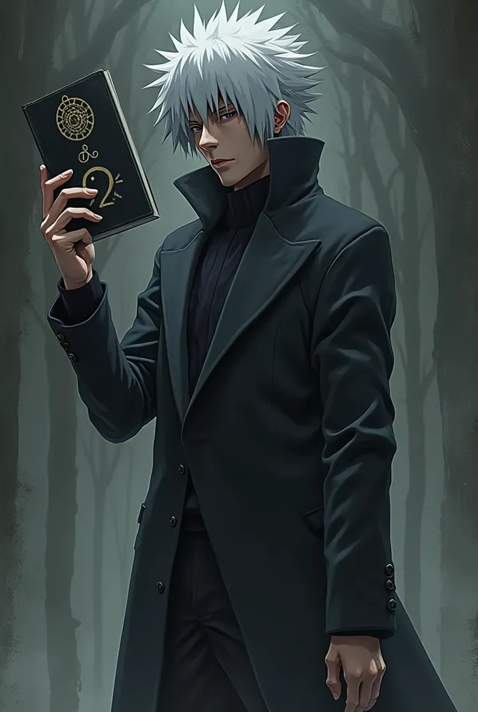 Hatake kakashi wears black suit and holding the death note from the death note anime series with one hand 