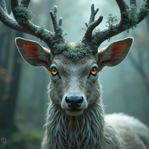 Close up on the face of a magic deer with big enigmatic and starry eyes with horns that are forests and exuding a haze furtacores high fantasy style