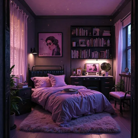 Create a small purple and black bedroom vibe with cool girly styling, put a corner with books and vinyls plus other things like makeup