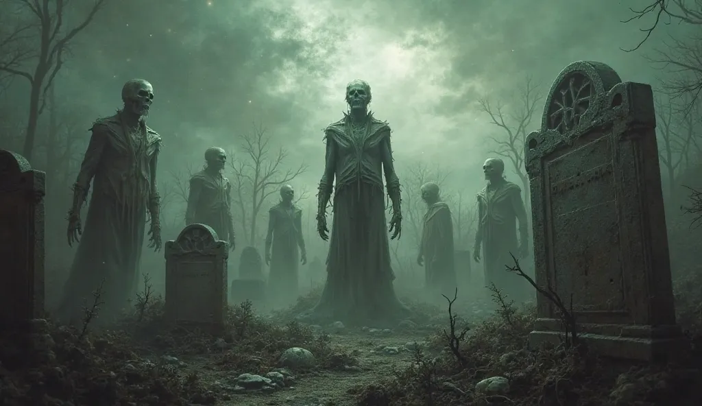 A picture of the dead rising from their graves on the Day of Resurrection for judgment