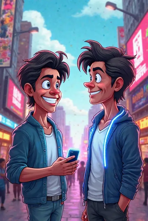 "A cartoon-style scene where Shah Rukh Khan meets his AI double in a bright, futuristic Mumbai street. Both versions of SRK are drawn with exaggerated expressions—one smiling mischievously and the other with a confident, robotic smile. The AI version of SR...