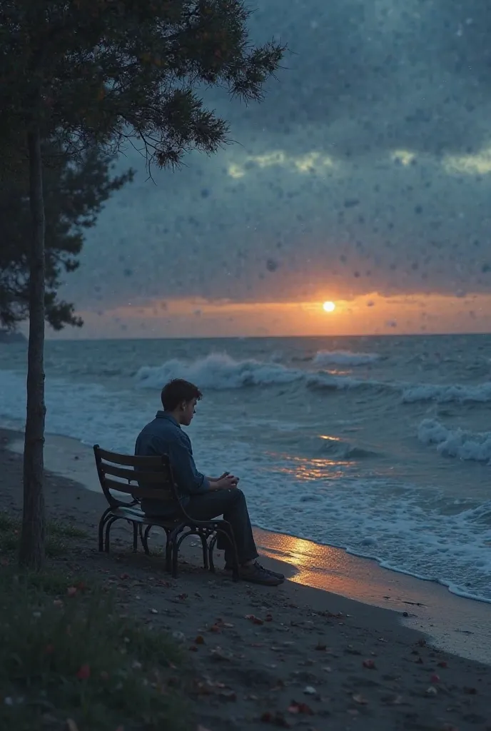 Imagine a lonely boy sitting on the damp sand by the seaside in the late evening. The sun has almost set, leaving behind a faint orange glow that fades into the deep blue of the night sky. The waves crash gently against the shore, their rhythmic sound echo...