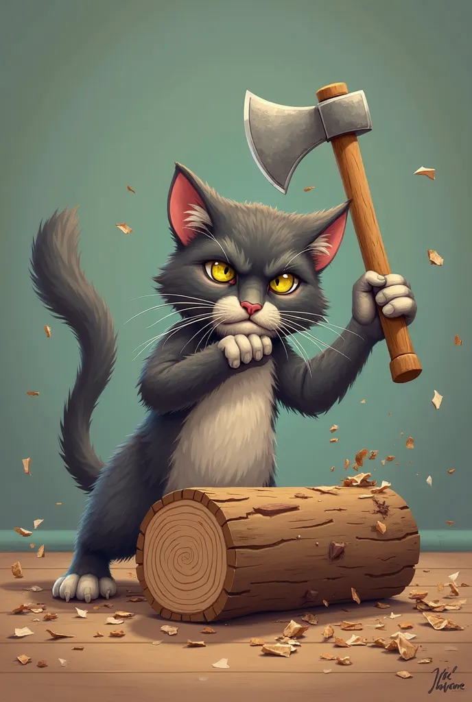 A diabolical cat cutting a log with an axe on the floor