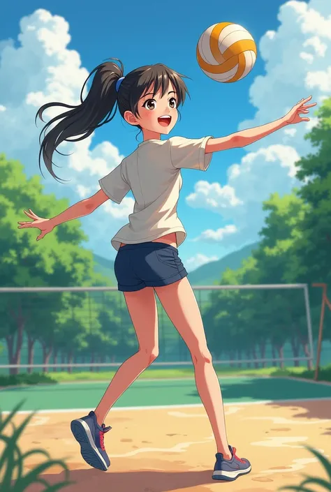 Draw a “Cute and Tall girl in loose,*** transparent shirt***playing volleyball in tight volleyball tights In anime style and in a volleyball field”