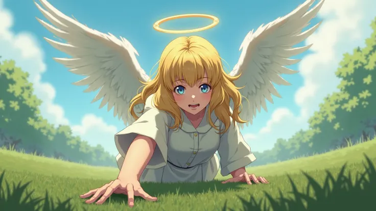 Anime style.  Woman 30 years old, Angel, yellow hair, белые Angelьские одеяния, white wings. Creeps forward in terror and fear, stretching his hand forward (towards the viewer). Crawls across the ground. clear day. green meadow. He reaches out to us (right...