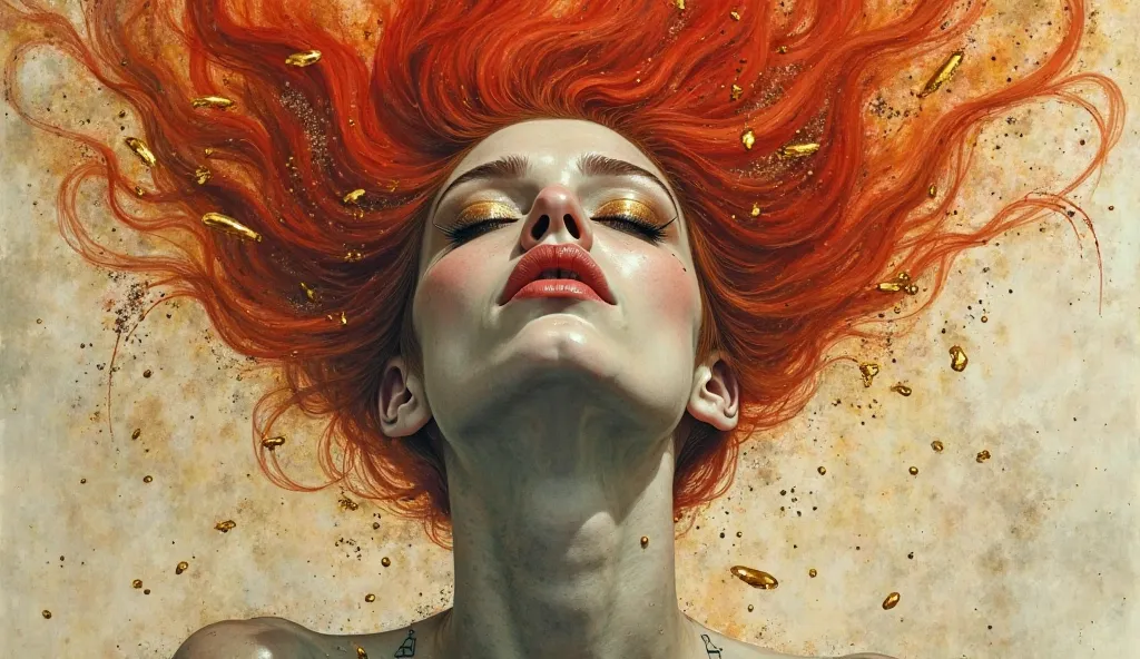 a watercolor of a woman with Burton-inspired proportions and Dali's surrealism by James Jean, charcoal-smudged features with elongated neck, red  hair floating as if underwater, piercing golden eyes , golden misty background with floating gold objects, coo...