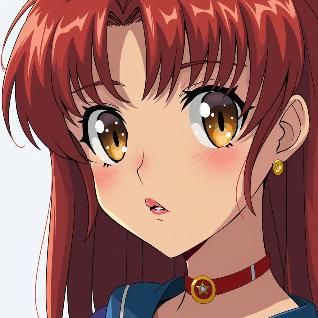 Sailor Moon Close style drawing on the oval face of a young adult androgenic young adult with straight hair and a long fringe in the color red, eyes of different colors, one golden eye and the other silver, thin olive-colored skin and a mouth with large li...