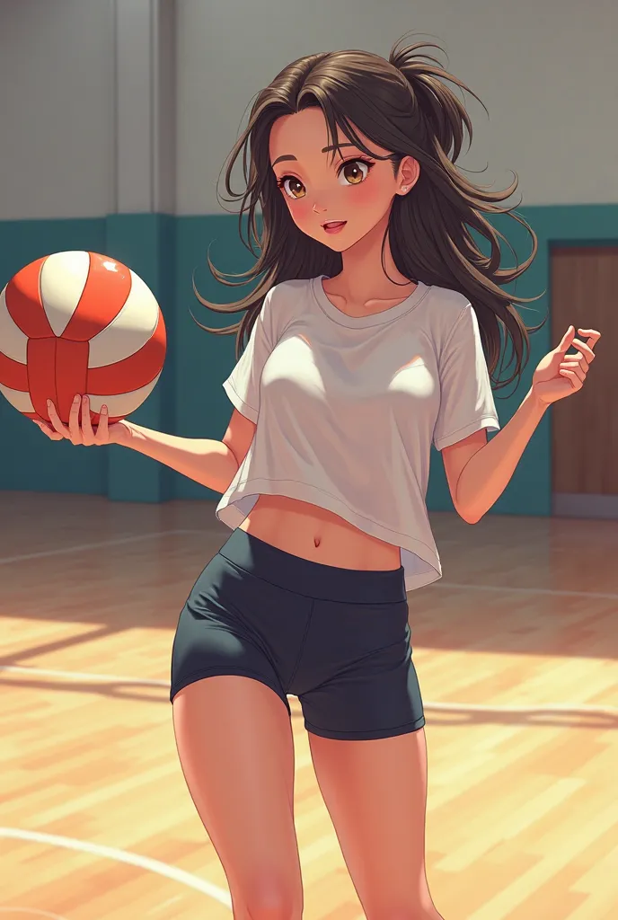 Draw a “Cute and Tall girl in LOOSE, TRANSPARENT T-SHIRT SHOWING HER BRA playing volleyball in tight volleyball tights In anime style and in a volleyball FIELD INDOORS”