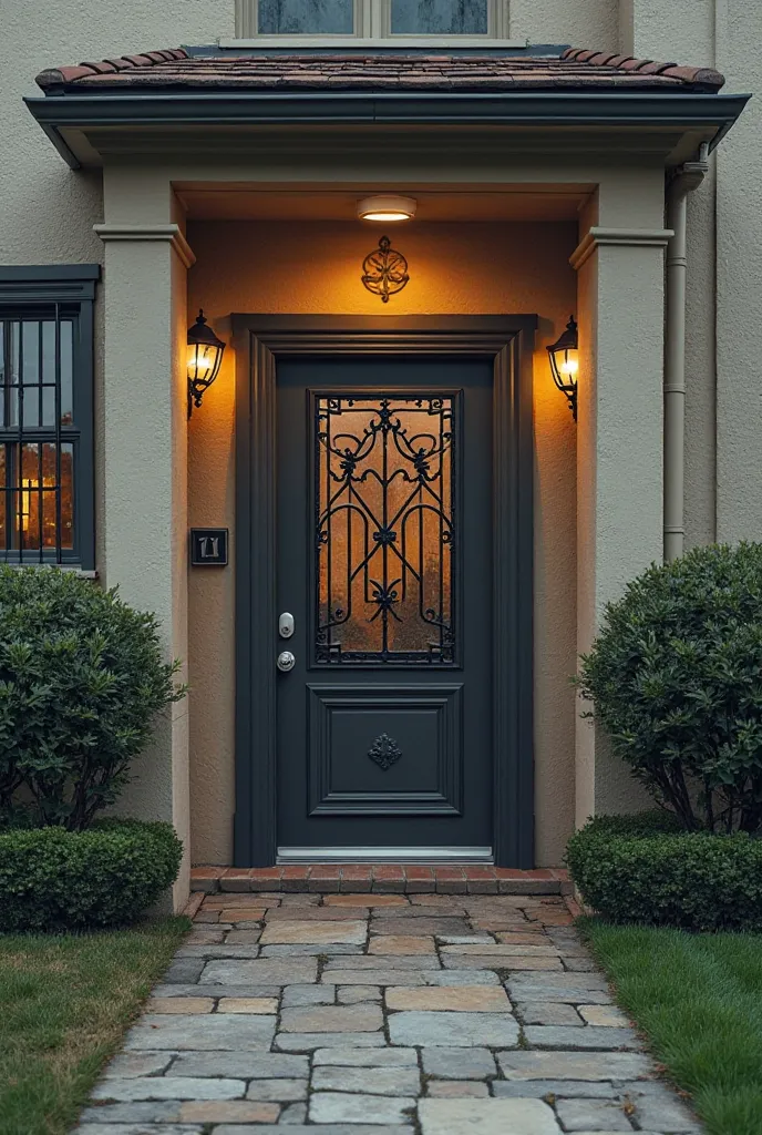 A realistic image of a house with burglar bars on its windows and a steel screen on the door