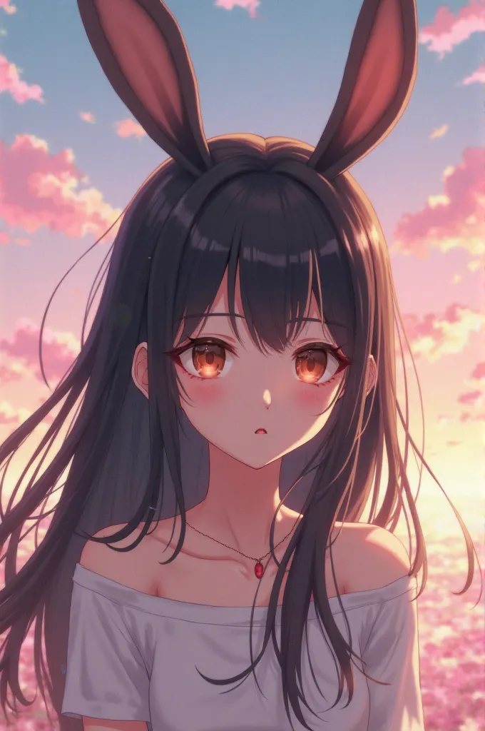 Anime cute loli bunny ear 22 year old girl height 5'4 black long hair brown eyes cute cloudy pinkish background
