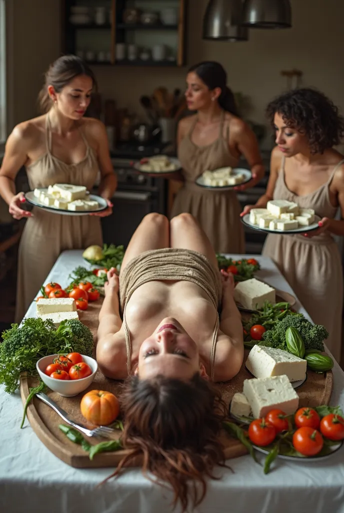 A woman naked and tied up lies on a large tray surrounded by blocks of feta cheese and vegetables on a kitchen table, surrounded by three cannibals woman's They dance and hold plates of feta cheese cubes in the kitchen 