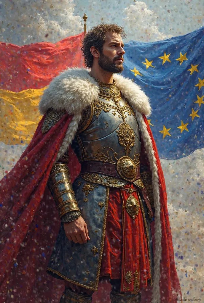 Charlemagne's vision of unity, modern EU flags in background."

