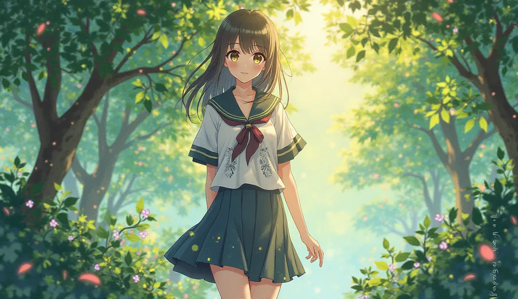 One High School Girl、anime style、sunlight filtering through the trees、 stained glass style、sailor suit