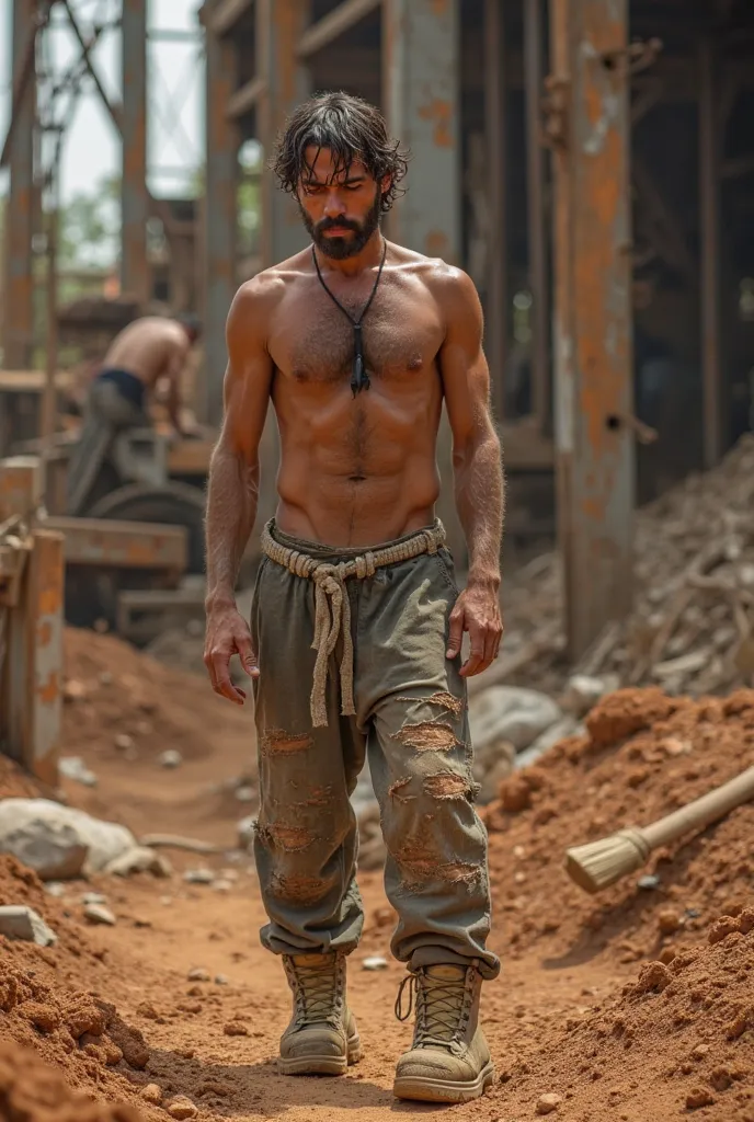 "A weathered, exhausted man toils in the sweltering heat of an interior Brazilian construction site. His rugged, sun-kissed skin glistens with sweat as he labors tirelessly. His pants are torn and frayed, hanging loosely from his waist, covered in dirt and...