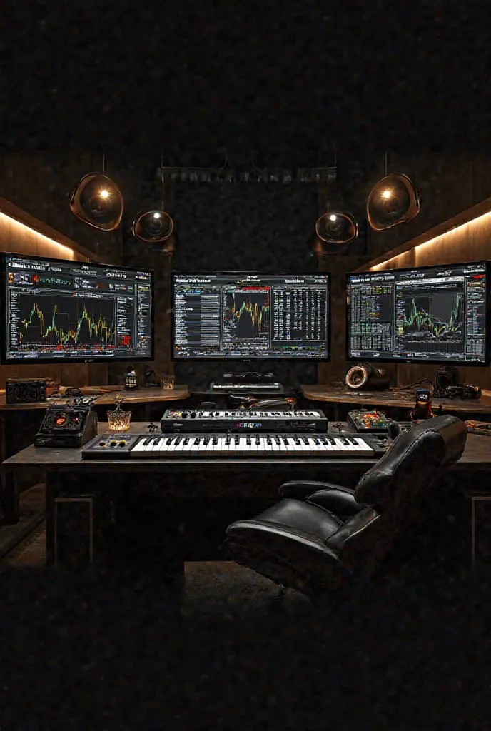 A dark, sophisticated aesthetic inspired by financial powerhouses. Black and gold color schemes, ticker tape LED screens, and sleek furniture. Monitors display live markets, while music equipment is seamlessly integrated into a futuristic desk setup.