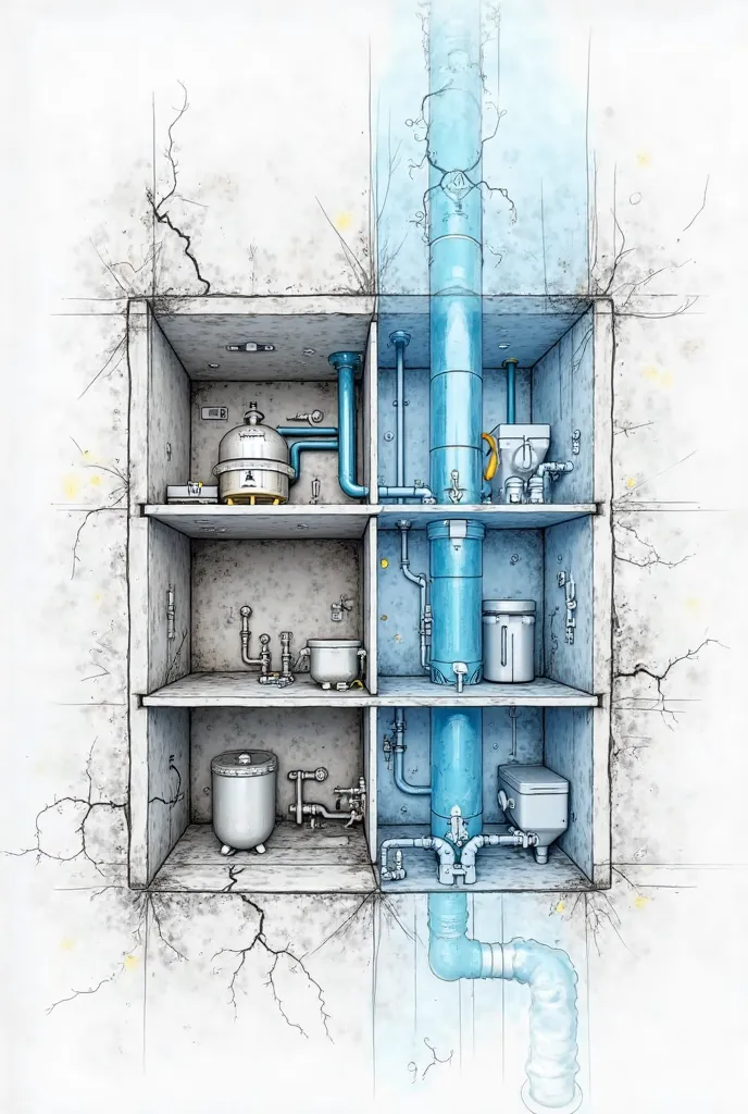 I want an image of hydrosanitary installations, drinking water piping system in buildings, housing, sanitary sewage system in buildings, housing. I want the image to be drawn, Half of it is drawn freehand, continuing with a 3D model-like contrast 