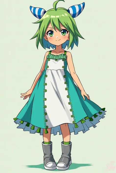 Physical Appearance and Style:
 * skin and hair: Strata has sun-tanned skin and peculiar green hair with bluish stripes arranged horizontally that reach up to her shoulders.. Her bangs fall to the right, adding a distinctive touch to her appearance.
 * Eye...