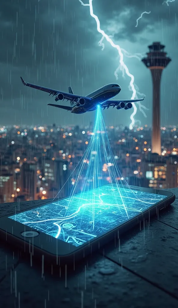 A passenger plane, flies over a lit mobile screen, with the map application opens into the trajectory of the aircraft, control towers and city buildings appear from the mobile screen, as if merging with the device, luminous trajectory lines connecting the ...