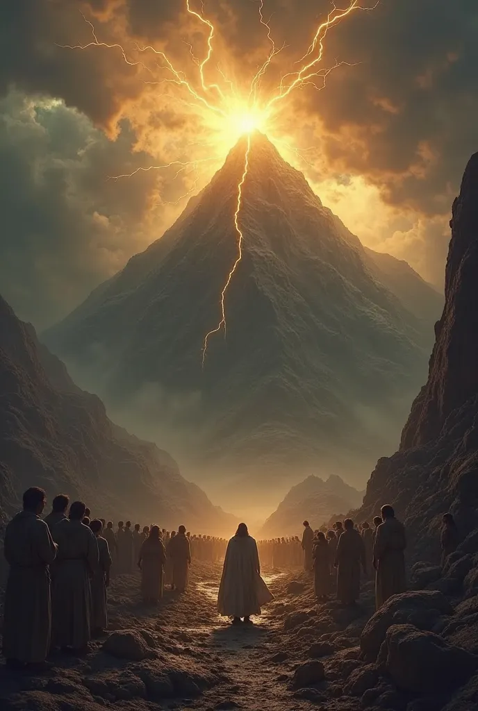 "An epic scene of Mount Sinai shrouded in dark clouds and lightning, with a golden glow at the top.  At the base of the mountain , a fearful people watch as Moses approaches the divine presence. The atmosphere is mystical and overwhelming, with a contrast ...