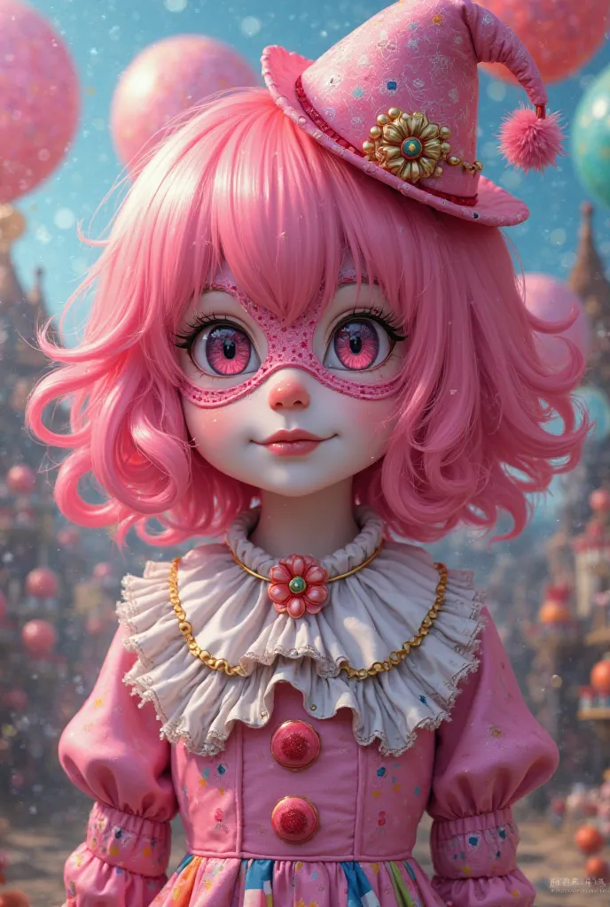 An anime girl wearing a pink clown mask, pink hair with curlers ,pink clown hat,pink clown costume and a pink clown collar thing