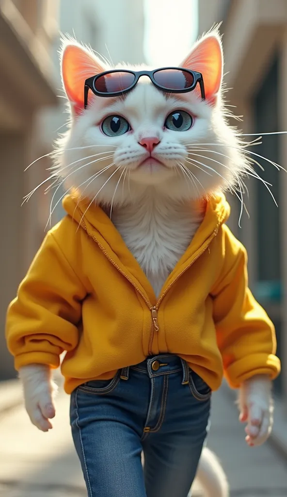 cute white cat in a modern dark blue jeans and yellow baggy shirt , sun glasses, lipstick , attitude , 