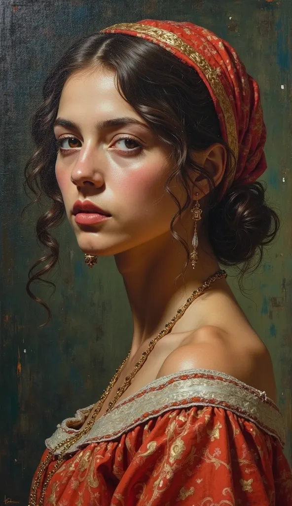 (Best Quality, Realistic, 4k, Masterpiece: 1.2), Oil Portrait of an 18th Century Iraqi Girl, Malcolm Lipke style, Detailed brushstrokes, Emotionally charged, Active, Beautiful model, Sensual, Expressive brushstrokes, Vivid colors, Oil on canvas, Realistic ...