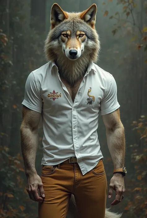 A photo of a wolf with a human body with a white shirt written ACUJI and a syrup jins. 