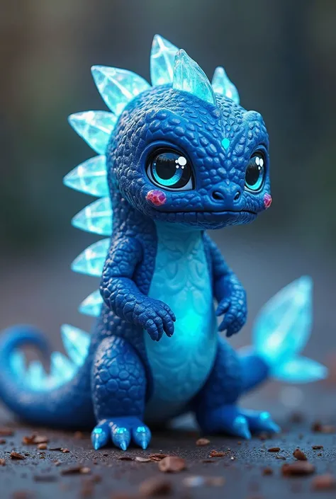 style based off the Kwami creatures from Miraculous with Godzilla features, compact spherical, iridescent blue crystalline dorsal plates running down its back, bioluminescent azure eyes with gentle glow, serpentine tail with articulated segments, miniature...