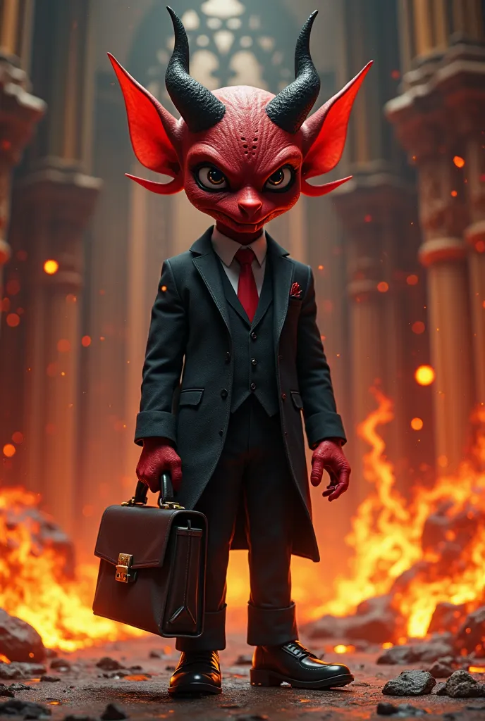 A small, red-skinned devil with sharp horns, dressed in a sharply tailored black suit accented with crimson details. It holds a briefcase that flickers with inner flames, standing in a dramatic courtroom with molten lava and blazing fire in the background....