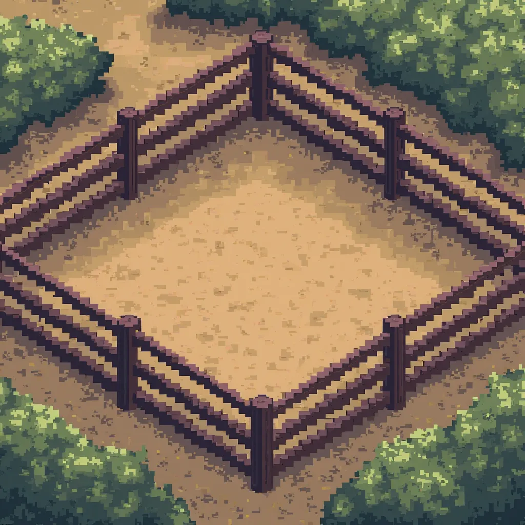 It will be 2d, it will be pixel art, it will be a corral, it will be surrounded by fences, there will be no animals inside and it will be 128 x 128 pixels.