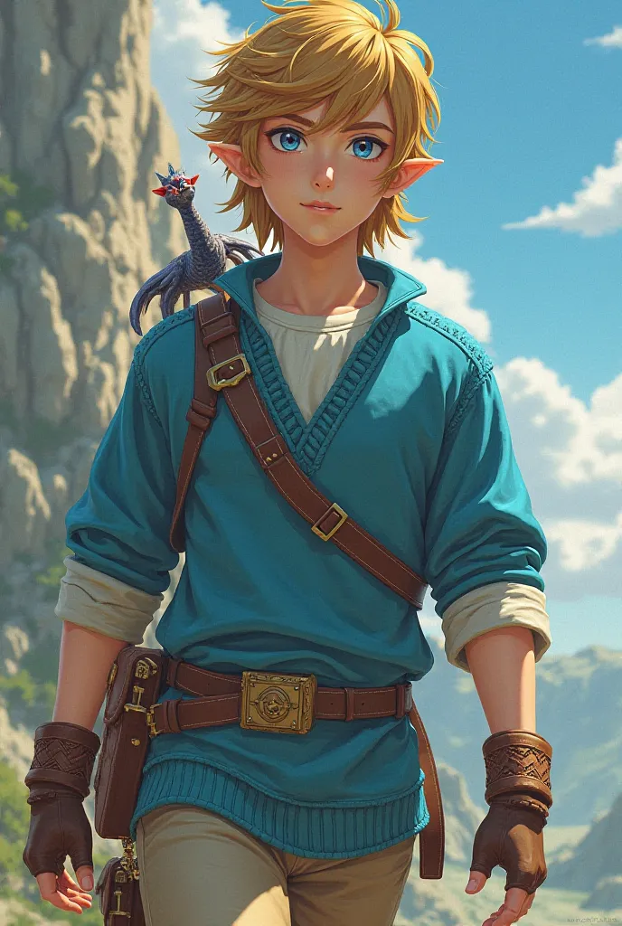 An anime character similar to link from Zelda Ocarina of Time, wearing a blue sweater and a white t-shirt underneath and with eyes of a different color, somewhat muscular, with elegant leather boots. 