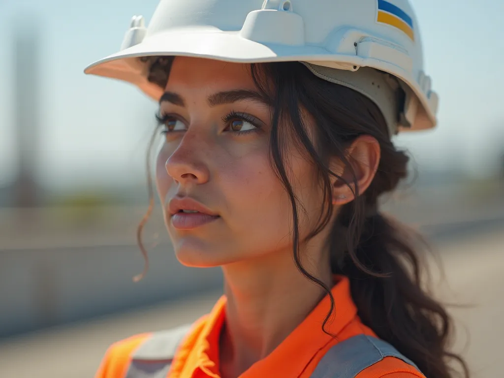 ((RAW photos),  Image 1 :1, (absurd resolution)), best quality, (Extremely detailed 8k unity CG wallpaper), ( Image 1 00% realistic), Latin American civil engineer wearing white helmet commemorating women's day