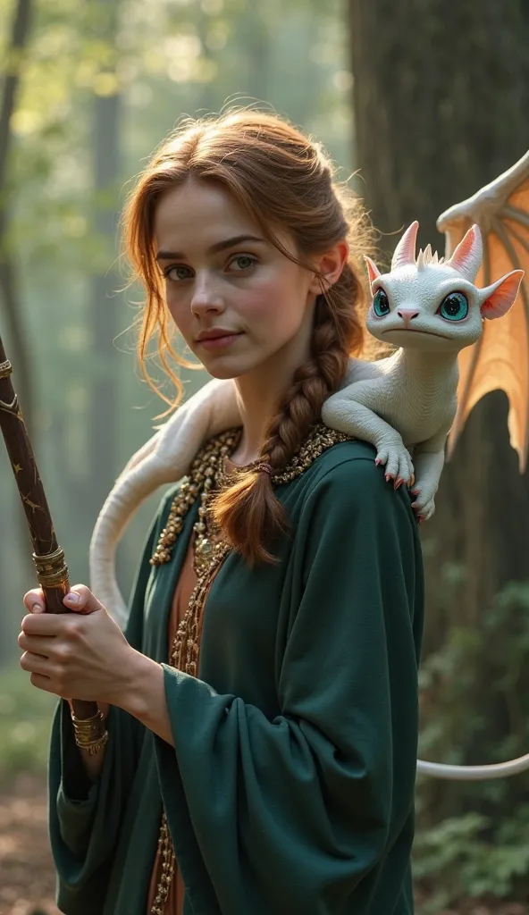 The wand in the hand of actress Emma Watson as Hermione shimmers with a gentle light, reflecting the magic and supernatural atmosphere of the forest. On her shoulder sits a charming white winged dragon, covered in soft fur, with large sparkling blue eyes a...