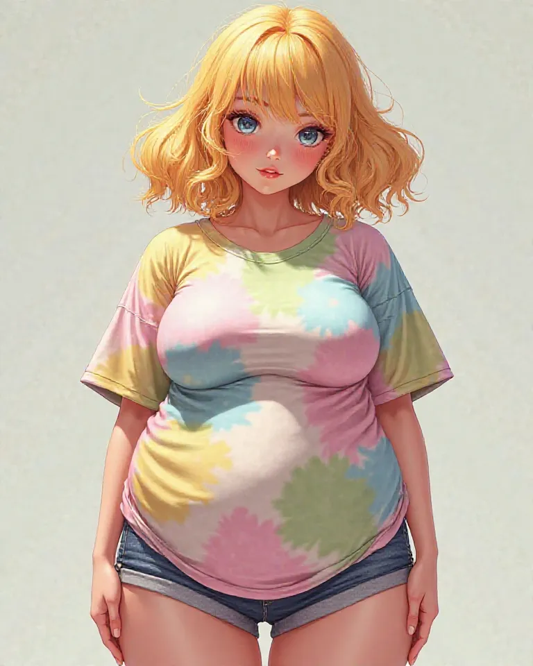 Shy anime waifu with giant boobs. In oversize tye-dye T-shirt and short shorts. Her boobs are like giant balloons filled with water. She is blonde 